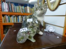 English made Studio pottery cat with markings to the bottom and another small cat