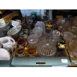 Two boxes of mixed glass to include decanters, vases, bowls and two boxes of china to include