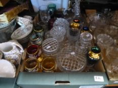 Two boxes of mixed glass to include decanters, vases, bowls and two boxes of china to include