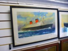 Two vintage coloured prints of the Cruise ships, 'Queen Mary' and 'Queen Elizabeth', 62 x 34.5 cms
