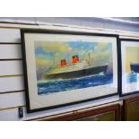 Two vintage coloured prints of the Cruise ships, 'Queen Mary' and 'Queen Elizabeth', 62 x 34.5 cms