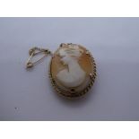 Victorian cameo brooch in 9ct yellow gold mount, marked 375, with safety chain
