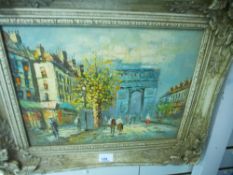 A Parisian street scene by Caroline Burnett, 39 x 29 cms and an oil of continental mountain