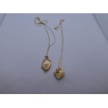 9ct yellow gold neckchain, hung with heart shaped locket and another hung with an oval example,