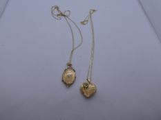 9ct yellow gold neckchain, hung with heart shaped locket and another hung with an oval example,