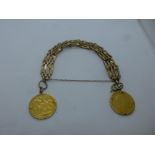 9ct yellow gold gatelink bracelet with safety chain, catch broken, marked 375, hung with 1910 and