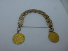 9ct yellow gold gatelink bracelet with safety chain, catch broken, marked 375, hung with 1910 and