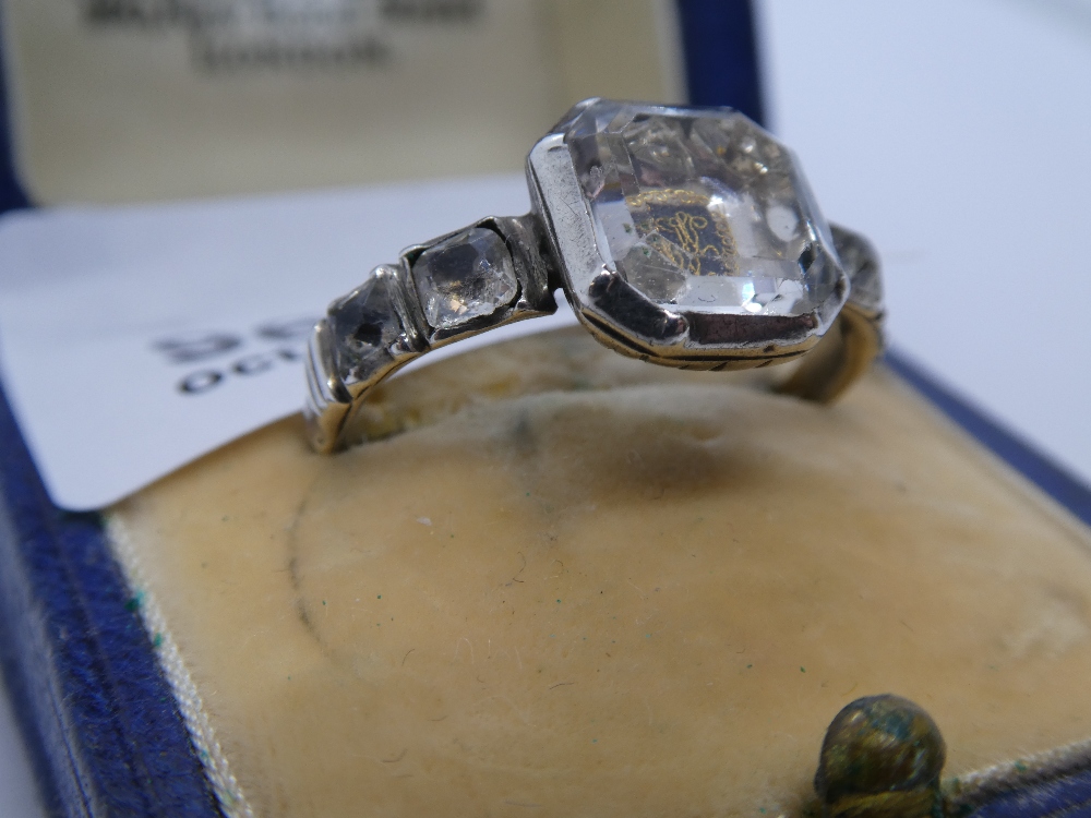 Edwardian mourning ring yellow and white metal with large square clear stone over initials and 4 - Image 2 of 3
