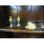 A pair of brass candlesticks, horsebrases, two Chinese plates and sundry