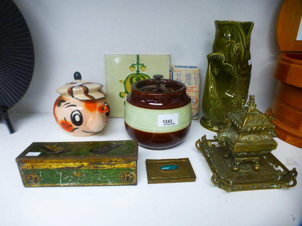 A Chinese style square brass inkwell, a Wade teapot and sundry