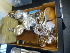A silver backed hand mirror and brush, a quantity of silver plate and a small box of necklaces