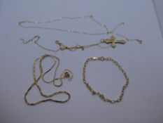 Collection of 9ct yellow gold fine neckchains, marked 375 and unmarked yellow metal cross pendant,