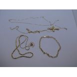 Collection of 9ct yellow gold fine neckchains, marked 375 and unmarked yellow metal cross pendant,