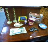 A mixed lot to incude a pair of brass candlesticks, a Doulton character jug and sundry