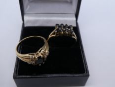 Two 9ct yellow gold dress ring, one set with four central black stone and cubic zirconia to the