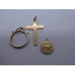 9ct yellow gold medallion, Sovereign mount, and cross pendant, all marked 375, weight approx 7.1g