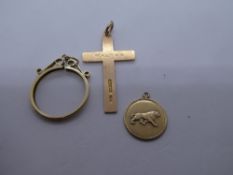 9ct yellow gold medallion, Sovereign mount, and cross pendant, all marked 375, weight approx 7.1g