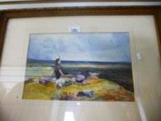 A watercolour of four girls viewing landscape, monogramed B.F., possibly Birket Foster, 32 x 21 cms,