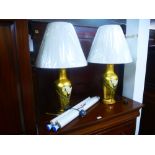 A pair of modern baluster table lamps decorated Cranes and two modern Chinese scrolls
