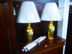 A pair of modern baluster table lamps decorated Cranes and two modern Chinese scrolls