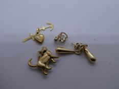 Gold heart charm, marked 375, triple hung charm, pendant and a pair of 9ct gold backed drop