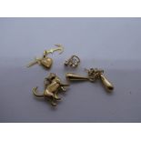 Gold heart charm, marked 375, triple hung charm, pendant and a pair of 9ct gold backed drop