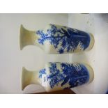 A pair of Chinese blue and white vases, decorated bird in tree, 25 cms