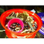 Costume jewellery, badges, key rings and sundry - two tubs