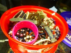 Costume jewellery, badges, key rings and sundry - two tubs