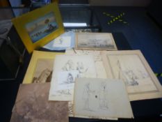 A folio containing unframed wash sketches and drawings: including, a coastal view with shipping, and