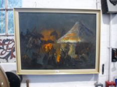 An unsigned oil, probably 60s / 70s of Arab men and camels beside fire, 78 x 58 cms