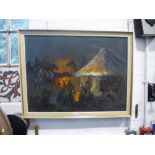 An unsigned oil, probably 60s / 70s of Arab men and camels beside fire, 78 x 58 cms