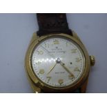 Vintage gents ROLEX 'OYSTER ELEGANTE' in 9ct yellow gold case and brown leather strap, not ticking