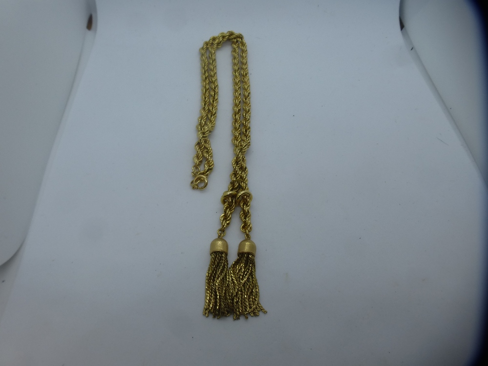 18ct yellow gold rope twist necklace with tassels, marked 750, weight approx 30.9g