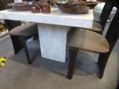 A modern marble style oblong dining table and a set of six beech chairs, table 180 cms