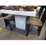 A modern marble style oblong dining table and a set of six beech chairs, table 180 cms