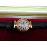 Vintage ladies Omega wristwatch with black leather strap in an Omega presentation box, very light