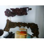 A Chinese carved wooden lamp of dragon and one other figural lamp