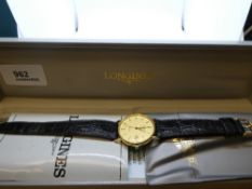 Vintage cased gent's LONGINES wristwatch, with 9ct yellow gold case, marked 375, 'FOR LONG SERVICE