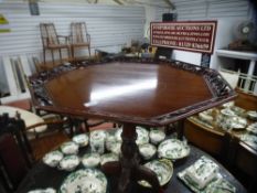 A reproduction tripod table having octagonal top with pierced border, 72 cms