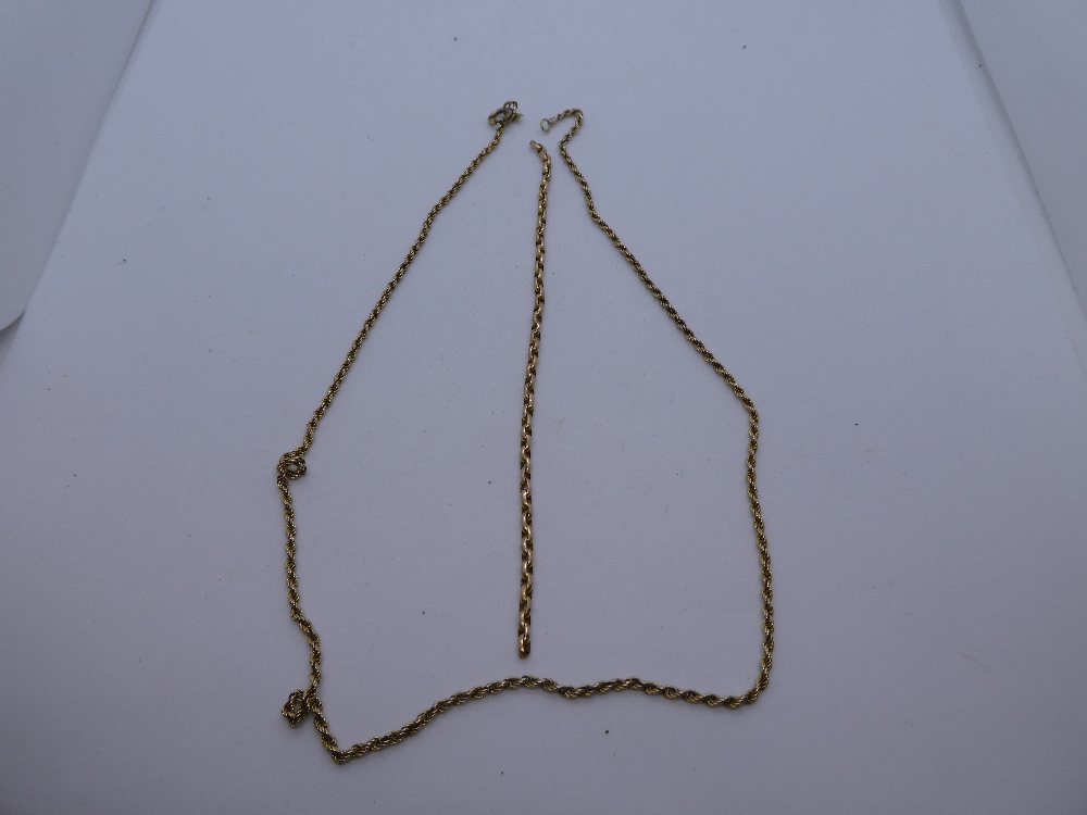 Two unmarked yellow metal chains AF, total weight approx 5.5g