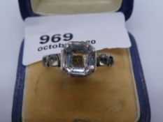Edwardian mourning ring yellow and white metal with large square clear stone over initials and 4