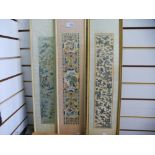 Three framed Chinese silk pictures of figures and birds in landscape, the largest 9 x 50.5 cms