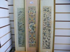 Three framed Chinese silk pictures of figures and birds in landscape, the largest 9 x 50.5 cms