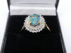 9K yellow gold diamond and opal cluster ring, matching previous ring, marked 9K, size X, weight