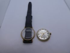 Vintage gent's F K PERKIN wristwatch with 9ct yellow gold case on black leather strap, marked 375