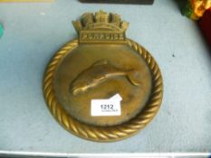 A bronze ship's crest plaque, for 'Purpoise', decorated whale