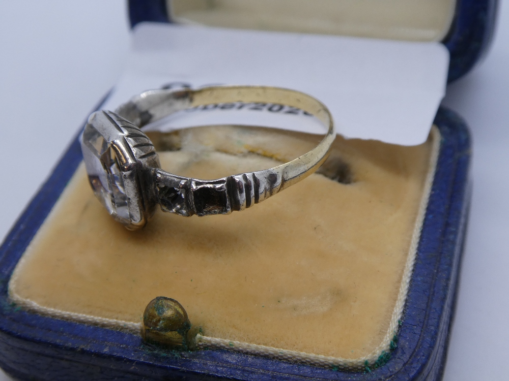 Edwardian mourning ring yellow and white metal with large square clear stone over initials and 4 - Image 3 of 3