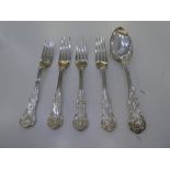 Four heavy silver forks and one silver serving spoon. Forks hallmarked London and Exeter possibly