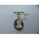 9ct yellow gold cameo pendant, hung on a yellow metal bar brooch with safety chain